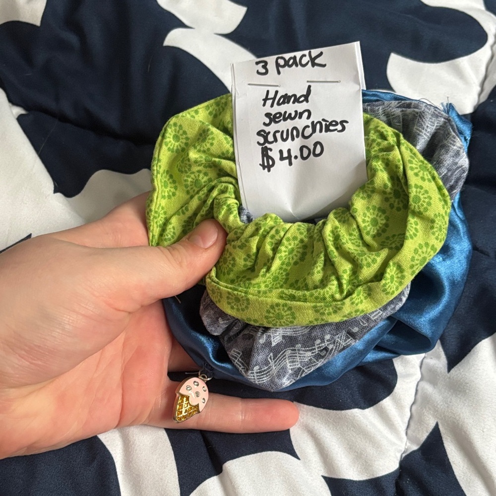 Handmade Green and Blue Scrunchies Set